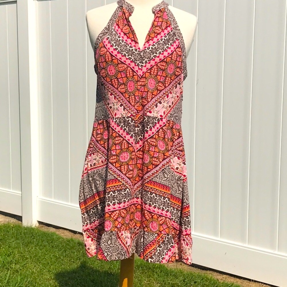 Miami Boho Brown Orange Pink Cream Floral Printed Halter Midi Dress Size Medium - Picture 3 of 16